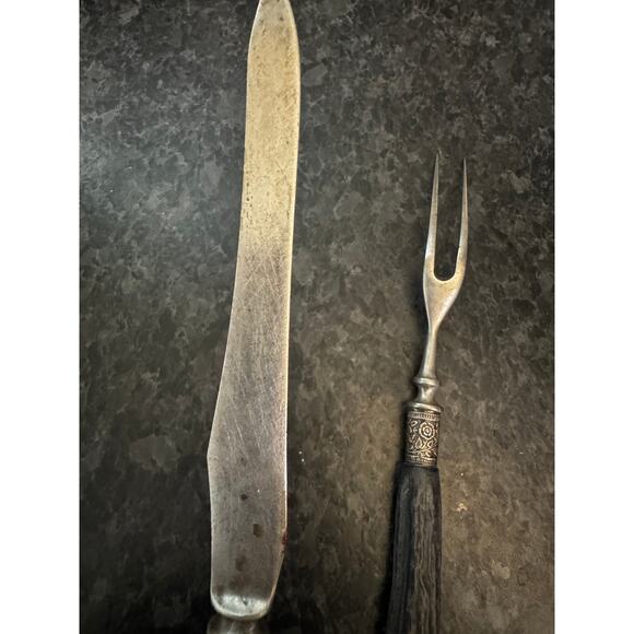 Antique Stag Handle Carving Knife & Fork Set Silver Ferrule Victorian Era - Picture 5 of 9